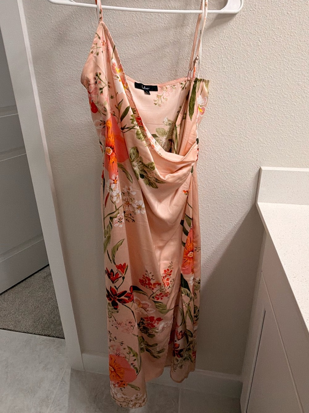 Lulu's Pink Floral Satin Midi Dress with Coral & Green Print - Picture 5 of 6